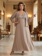Two-Piece Satin Mother of the Bride & Groom Dresses Suit with 3/4 Sleeves Jacket & Sheath Midi-Length Dress (SHI22500470)