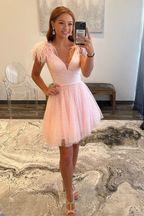 Pink A-line Tulle Deep V Neck Homecoming Dress with Feathers Y2427 by simplepromdress
