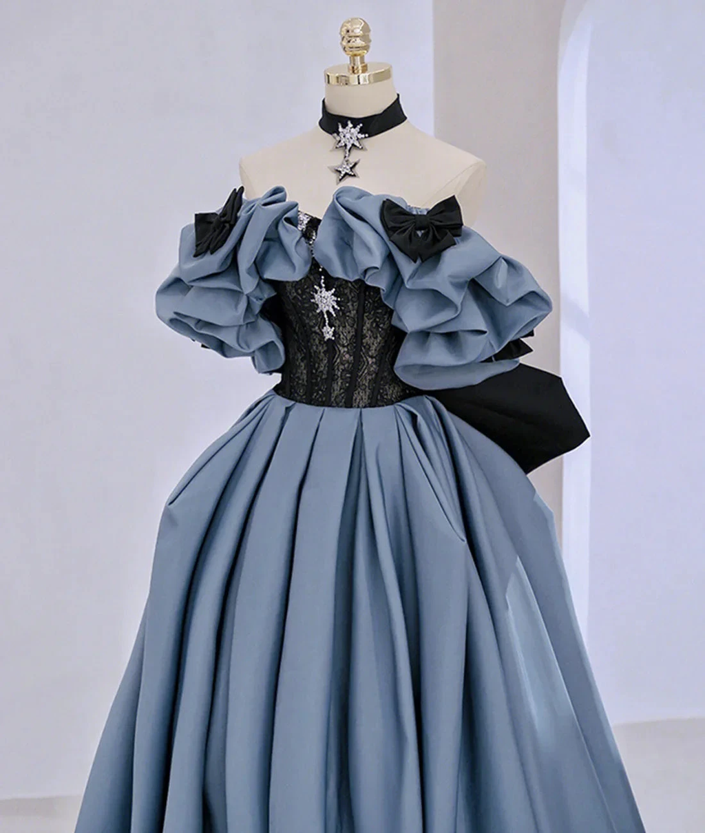 Off Shoulder Satin Lace Long Prom Dress, Blue Evening Dress Y2619 by simplepromdress