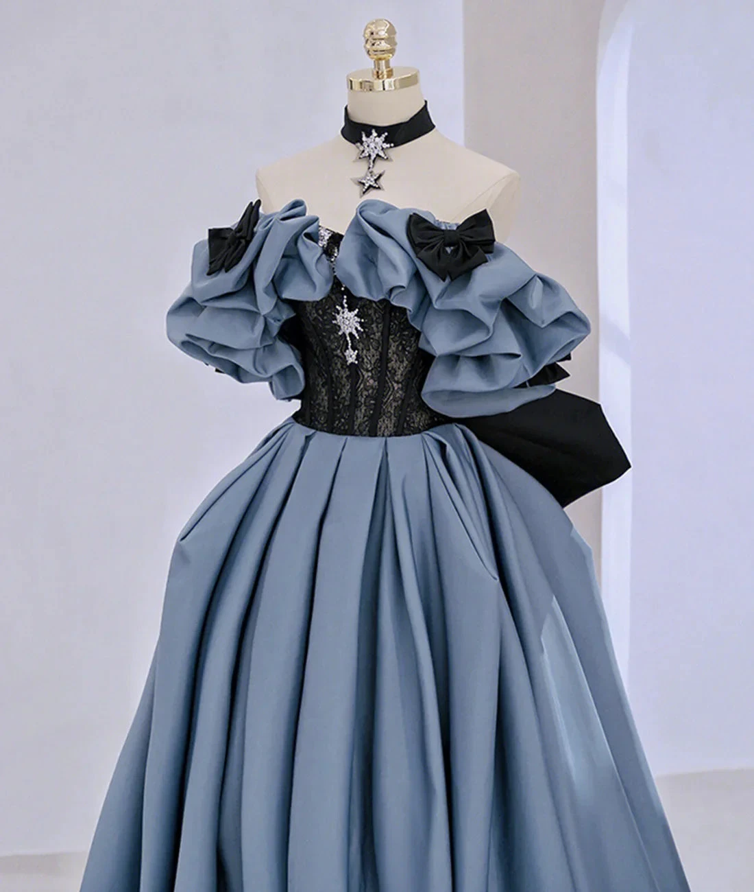 Off Shoulder Satin Lace Long Prom Dress, Blue Evening Dress Y2619 by simplepromdress