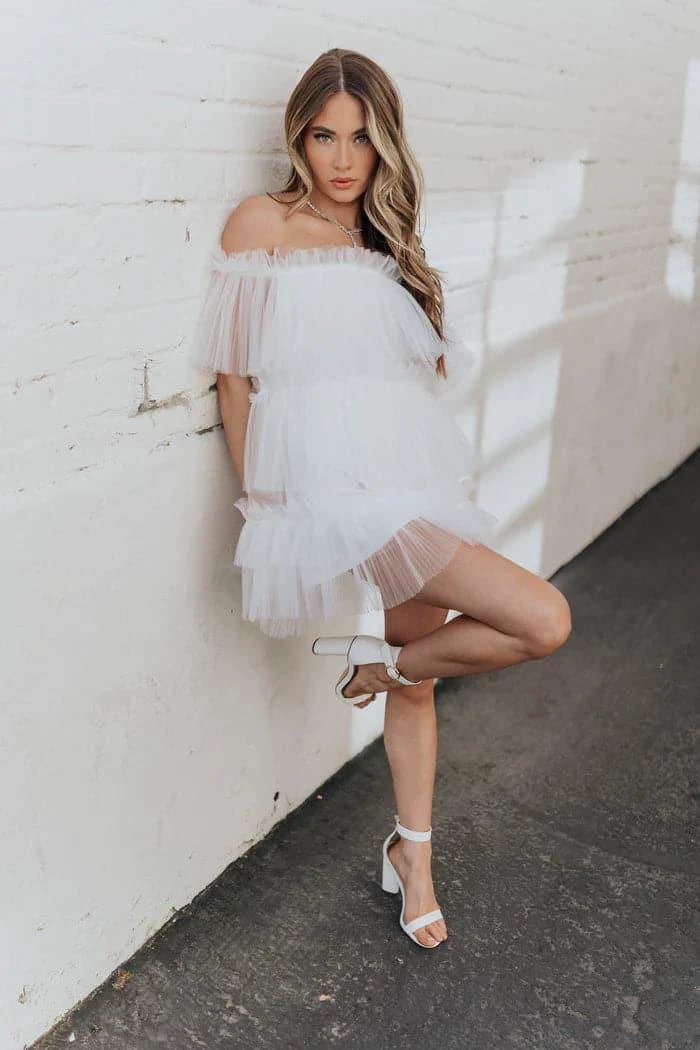 White Tulle Mini Dress Short Mini Gown SYH6 by vivymakudress