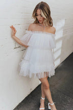 White Tulle Mini Dress Short Mini Gown SYH6 by vivymakudress