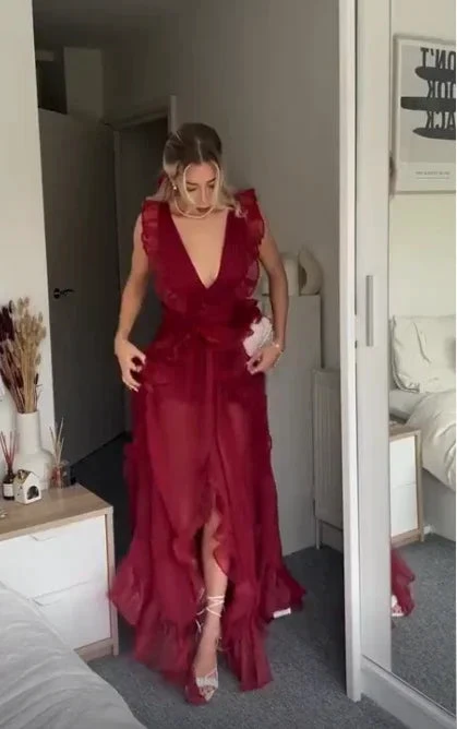 Beautiful Burgundy Chiffon Ruffles Evening Dress Slit Prom Dress Y7715 by simplepromdress