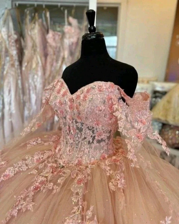 Pink Quinceanera Dresses Off Shoulder Flowers Lace Appliques Beaded Puffy Party Princess Sweet 16 Ball Gown Y2936 by simplepromdress