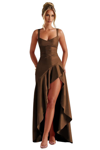 Satin-Rüschen-Ballkleider für Teenager Hi-Low Aline-Cocktailkleider für Frauen QA204 