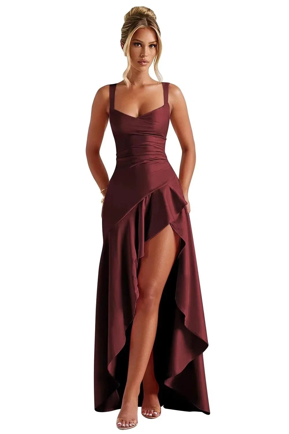 Satin Ruffles Prom Dresses for Teens Hi-Low Aline Cocktail Dresses for Women QA204 by Sunnderly