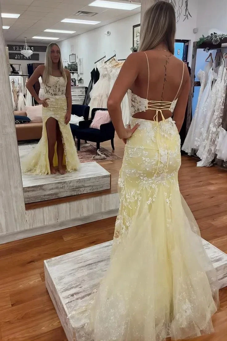 Floral Yellow Split Mermaid Prom Evening Dress Y6465 by simplepromdress
