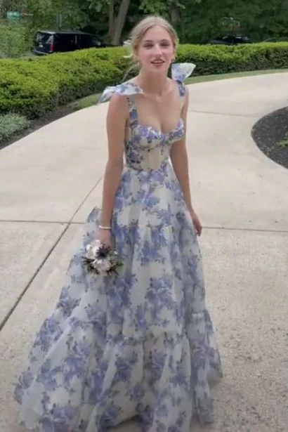 A-line Blue Floral Print Long Prom Dress Blue Evening Dress Y2560 Main Image