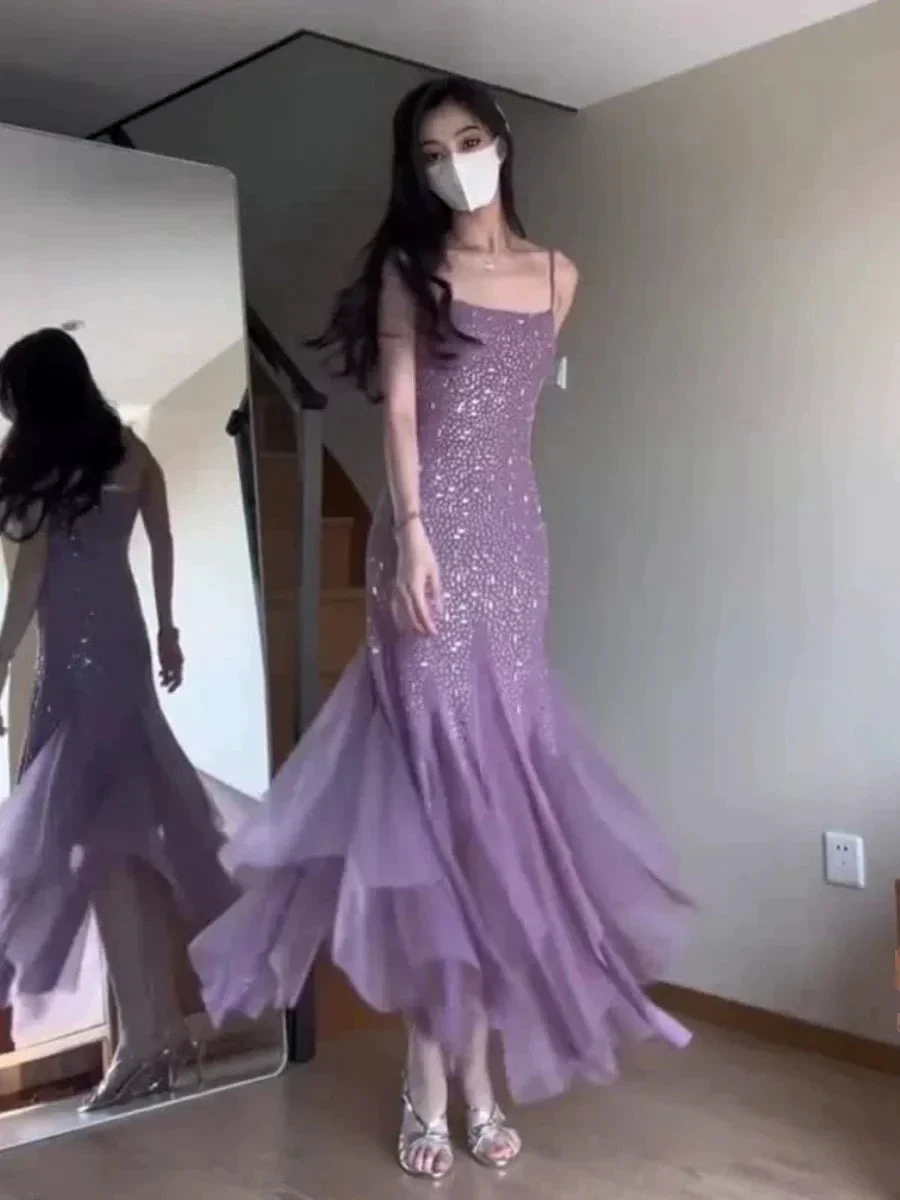 Sexy Mermaid Spaghetti Straps Purple Chiffon Beaded Evening Dress Prom Dress Y7812 by simplepromdress
