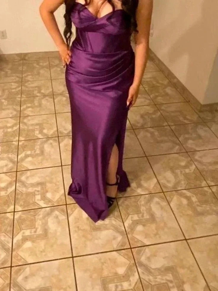 Vintage Purple Strapless Slit Satin Prom Evening Dress Y8113 by simplepromdress
