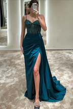V-Neck Spaghetti Straps Beaded Ruched Sheath Long Evening Dress Y6003 by simplepromdress