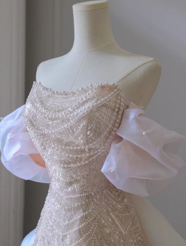 Pink A-Line Off-Shoulder Tulle Sequins Beaded Long Prom Dress Formal Evening Dress Y8050