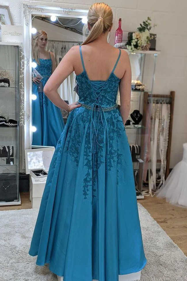 A Line Open Back Blue Lace Long Prom Dresses with Belt, Blue Lace Formal Dresses, Blue Evening Dresses Y174 Main Image
