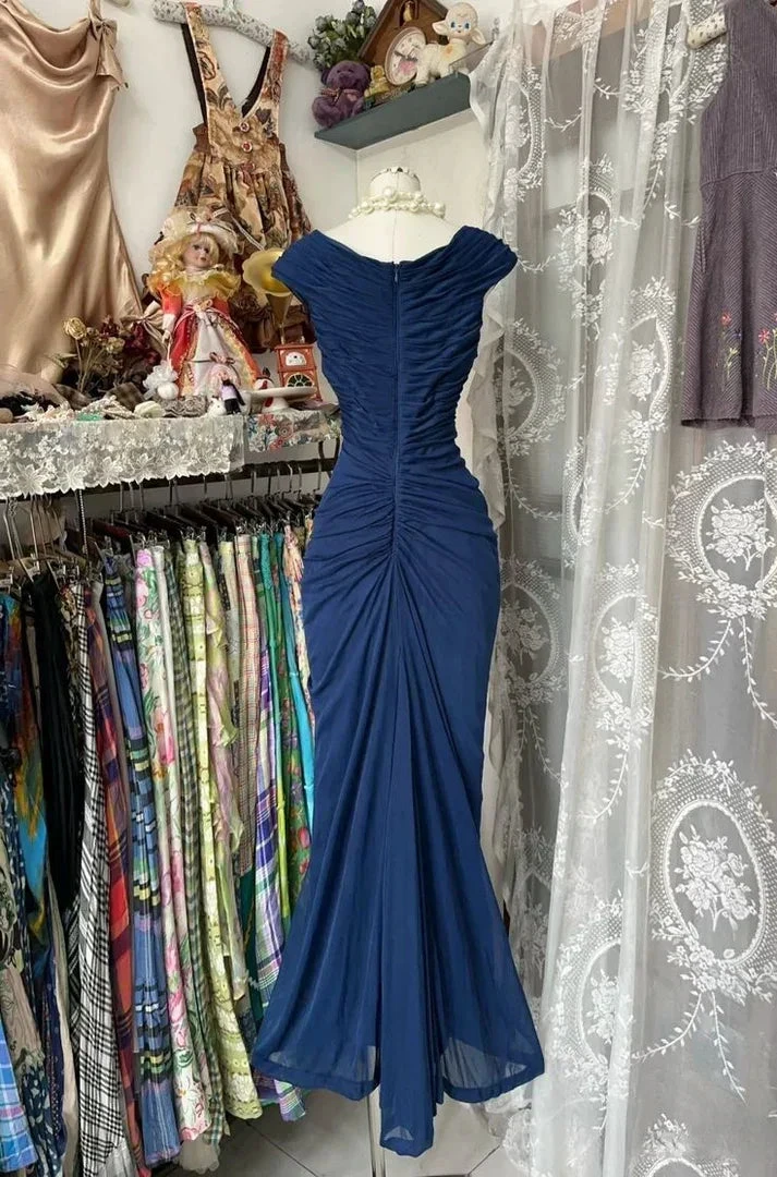 Vintage Navy Blue Chiffon Ruched Evening Gown Mermaid Party Prom Dress Y8076 by simplepromdress