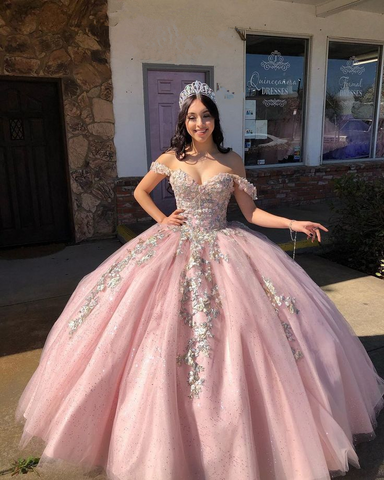 Vestido de fiesta rosa con hombros descubiertos, vestido de princesa rosa, vestido rosa de quinceañera Y2343
