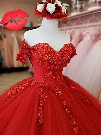 Generous Red A-line Tulle Lace Ball Gown,Sweet 16 Dress Y1221 by simplepromdress