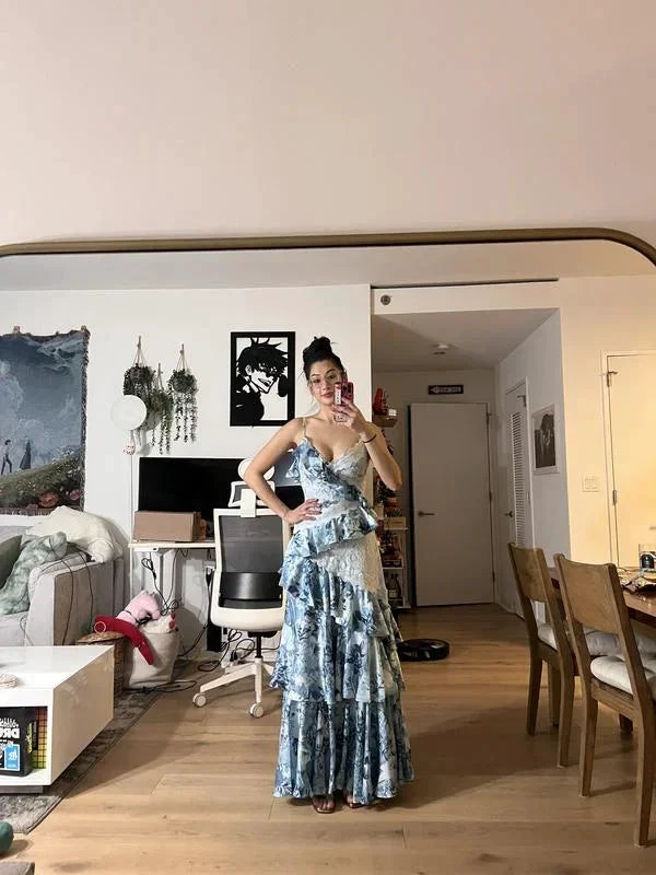 Gorgeous Blue Sleeveless V-Neck Lace Ruffle Tiered Evening Dress Formal Prom Dress Y8460 by simplepromdress