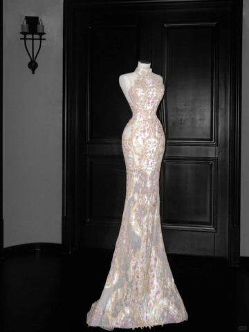 Classy Tulle Appliques Sequins Mermaid Prom Dress Slit Formal Evening Dress Y8661