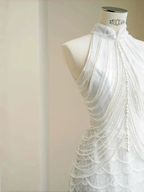 Classy White Sequins Pearls Chain Sheath Long Prom Dress Evening Dress Y8670 by simplepromdress