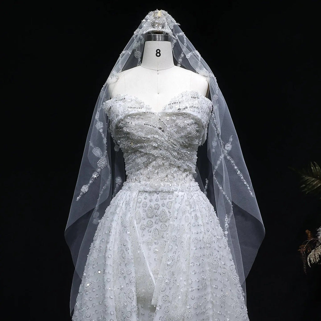Luxury White Off-the-Shoulder Train Wedding Dress with Veil SW031