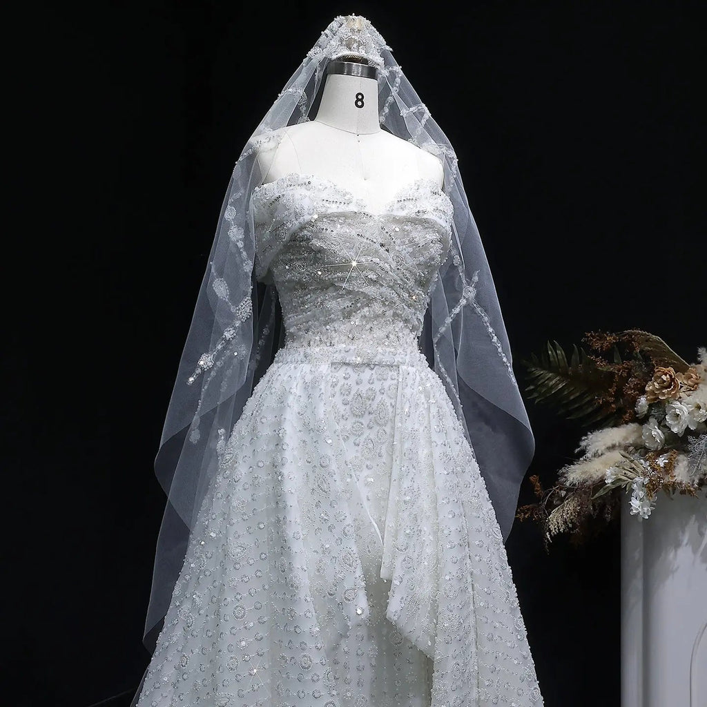 Luxury White Off-the-Shoulder Train Wedding Dress with Veil SW031