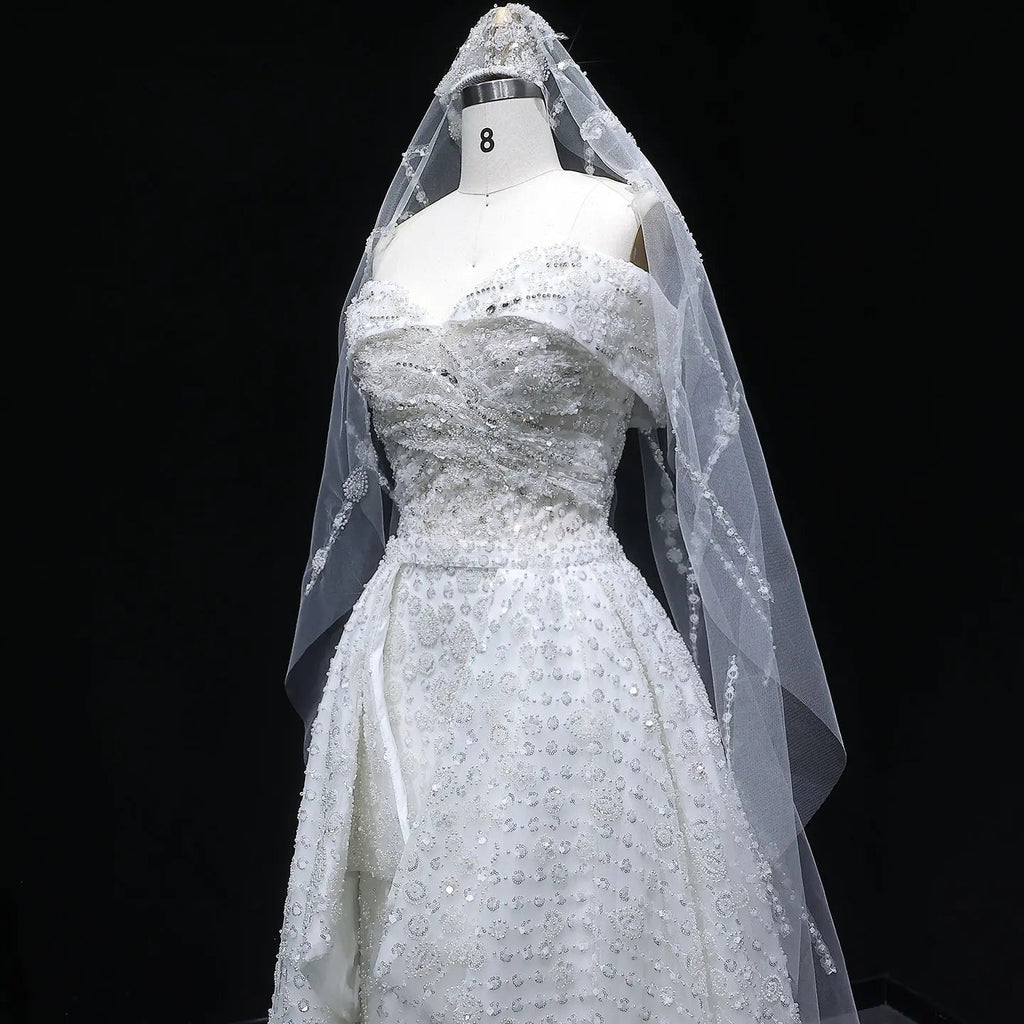 Luxury White Off-the-Shoulder Train Wedding Dress with Veil SW031