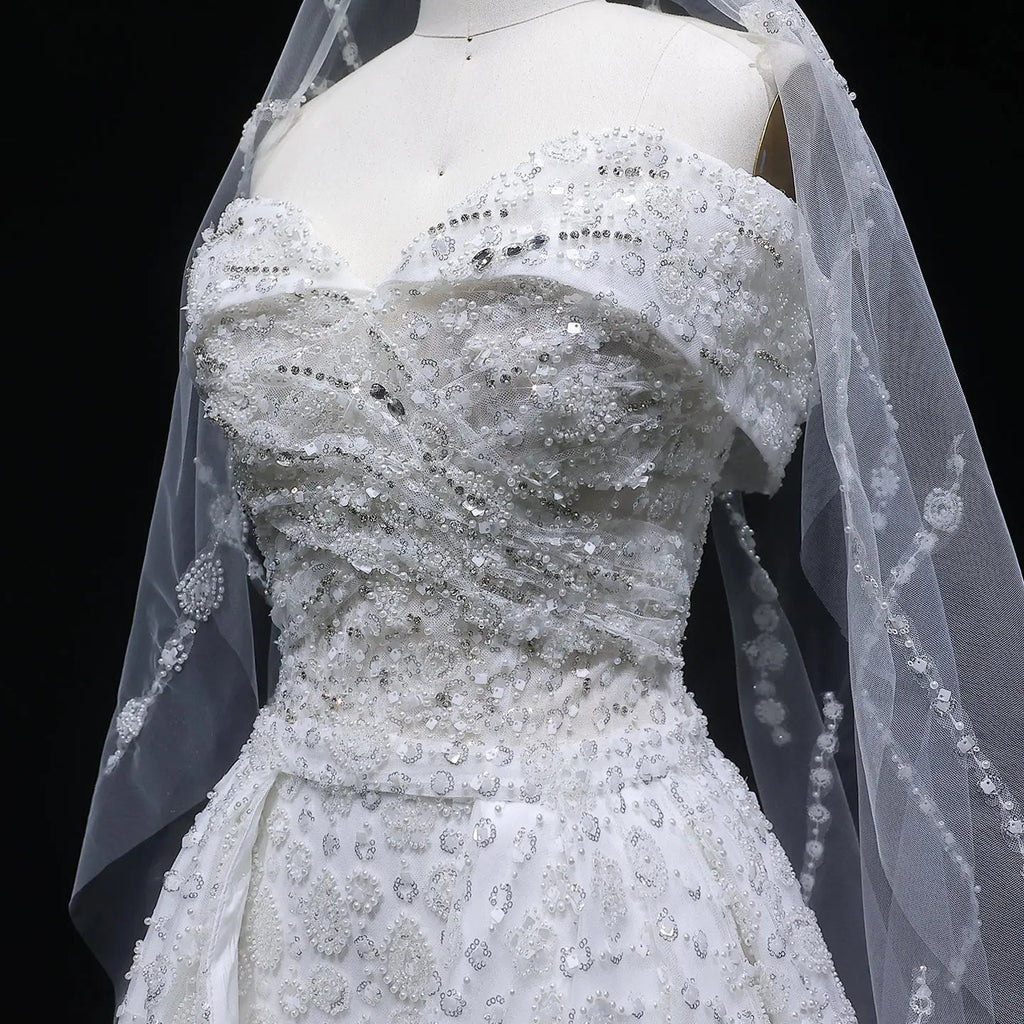 Luxury White Off-the-Shoulder Train Wedding Dress with Veil SW031