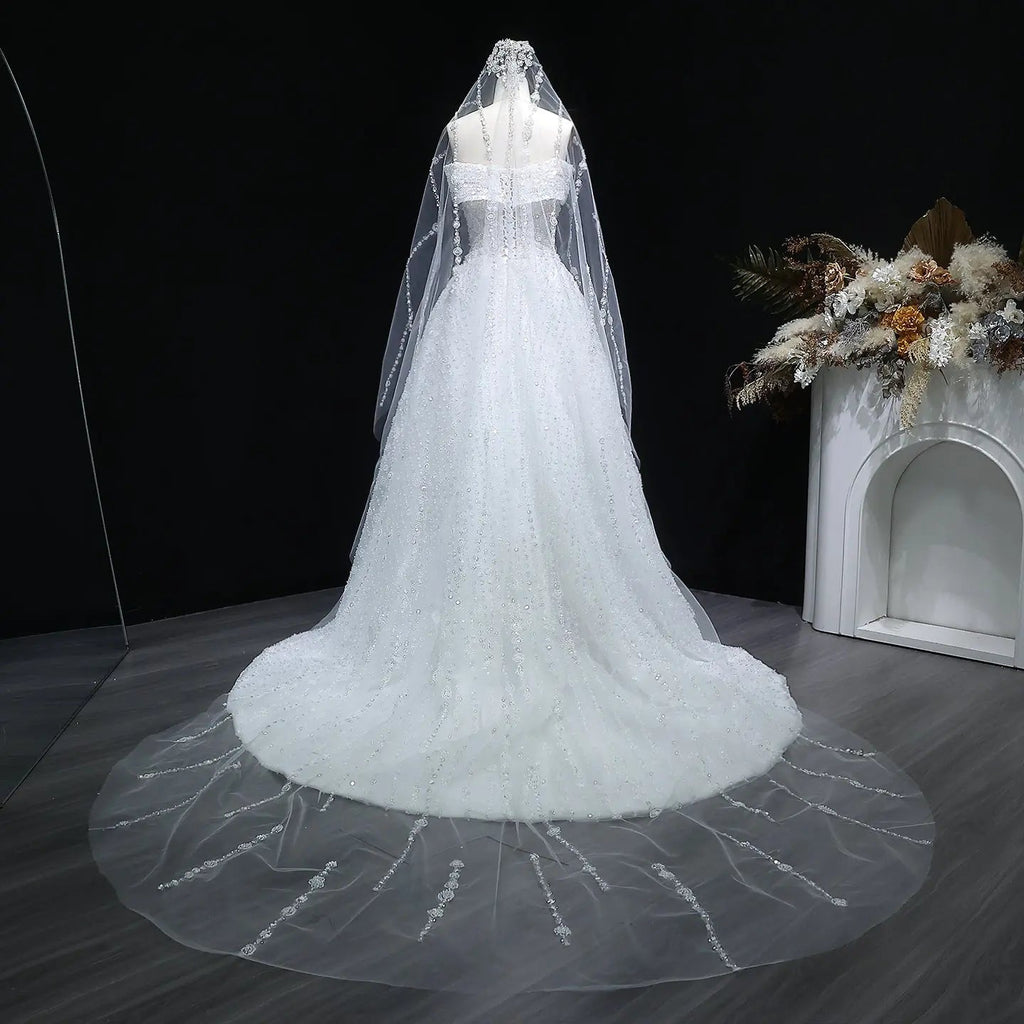Luxury White Off-the-Shoulder Train Wedding Dress with Veil SW031