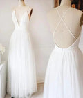Simple White A-line Tulle V Neck Wedding Dresses Long Prom Dresses MW218 by musebridals