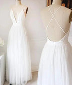 Simple White A-line Tulle V Neck Wedding Dresses Long Prom Dresses MW218 by musebridals