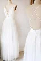 Simple White A-line Tulle V Neck Wedding Dresses Long Prom Dresses MW218 by musebridals