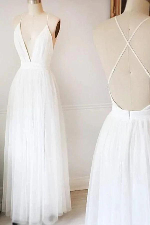Simple White A-line Tulle V Neck Wedding Dresses Long Prom Dresses MW218 by musebridals