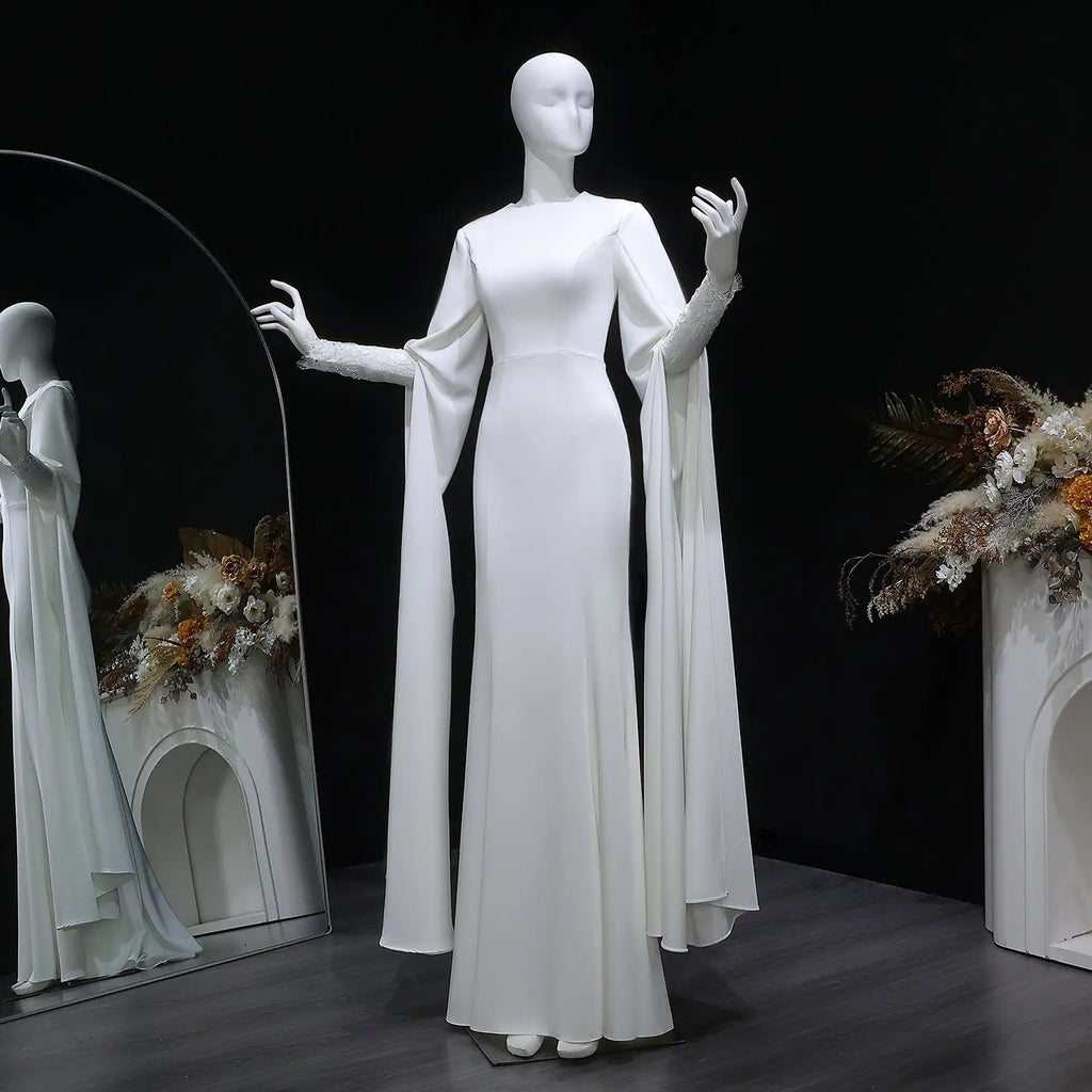 Ivory Minimalist Modest Mermaid Beaded Satin Wedding Dress  Sweep Train SW513