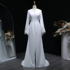 Elegant White Pearl High Neck Long Sleeve Wedding Dress with Veil SW584