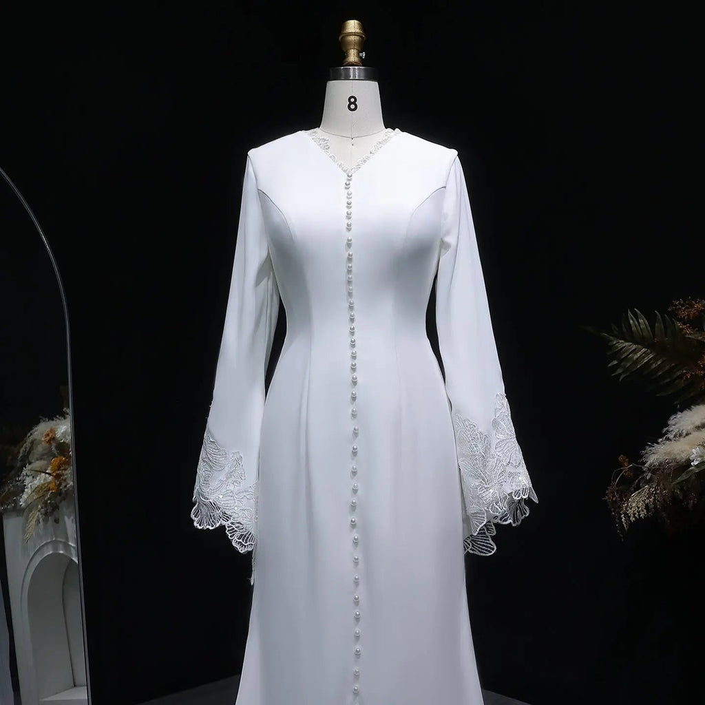 Elegant White Pearl High Neck Long Sleeve Wedding Dress with Veil SW584