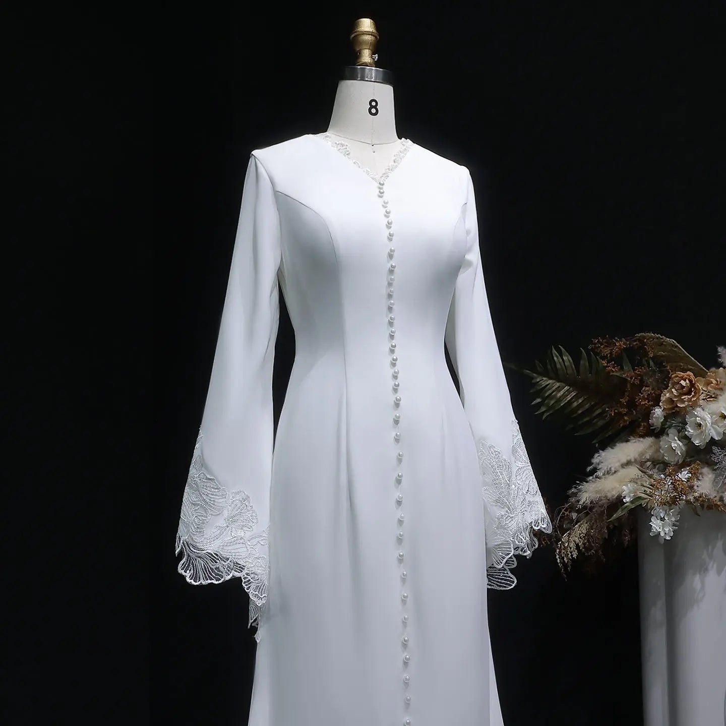 Elegant White Pearl High Neck Long Sleeve Wedding Dress with Veil SW584
