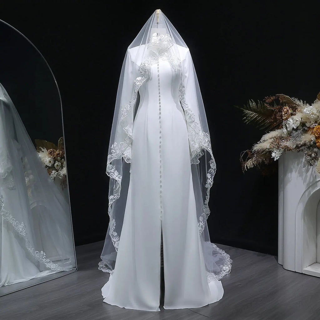 Elegant White Pearl High Neck Long Sleeve Wedding Dress with Veil SW584