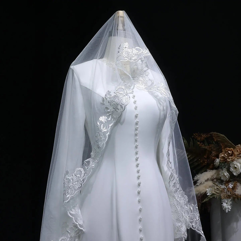 Elegant White Pearl High Neck Long Sleeve Wedding Dress with Veil SW584