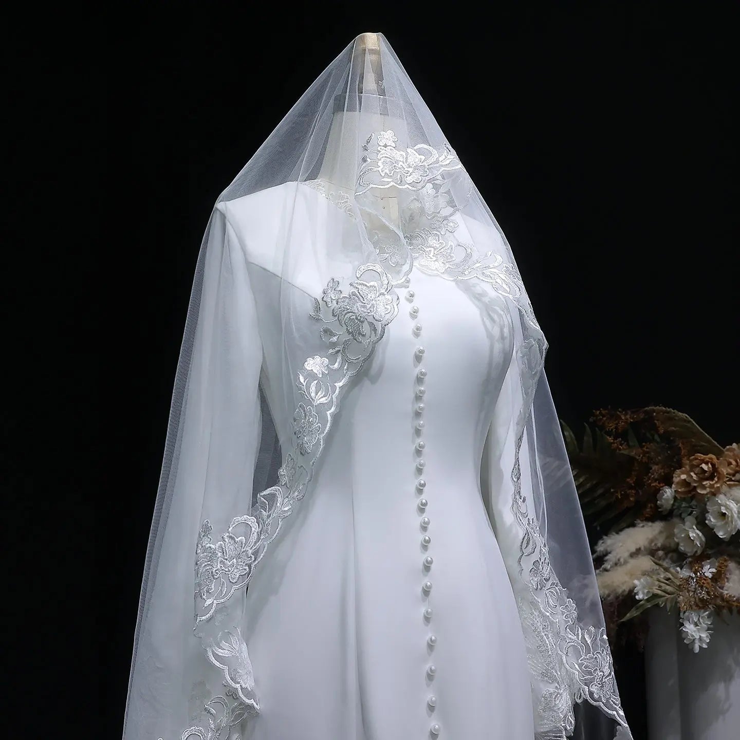 Elegant White Pearl High Neck Long Sleeve Wedding Dress with Veil SW584