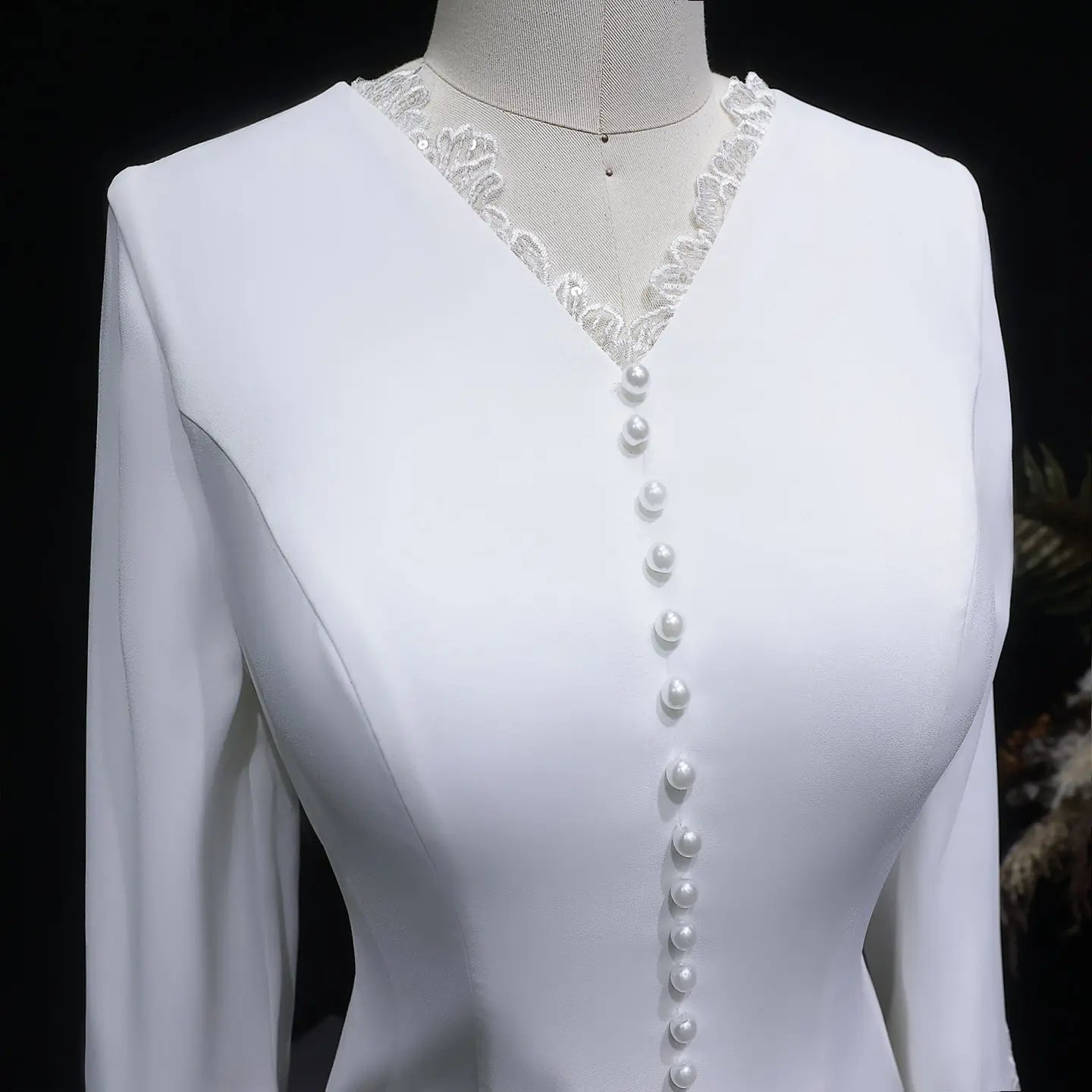 Elegant White Pearl High Neck Long Sleeve Wedding Dress with Veil SW584