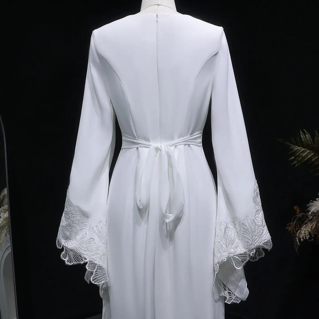 Elegant White Pearl High Neck Long Sleeve Wedding Dress with Veil SW584