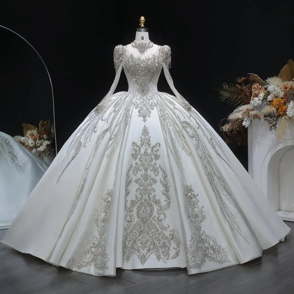 Luxury Long Sleeve Ivory Wedding Dress with Crystal Embroidered Details SW602
