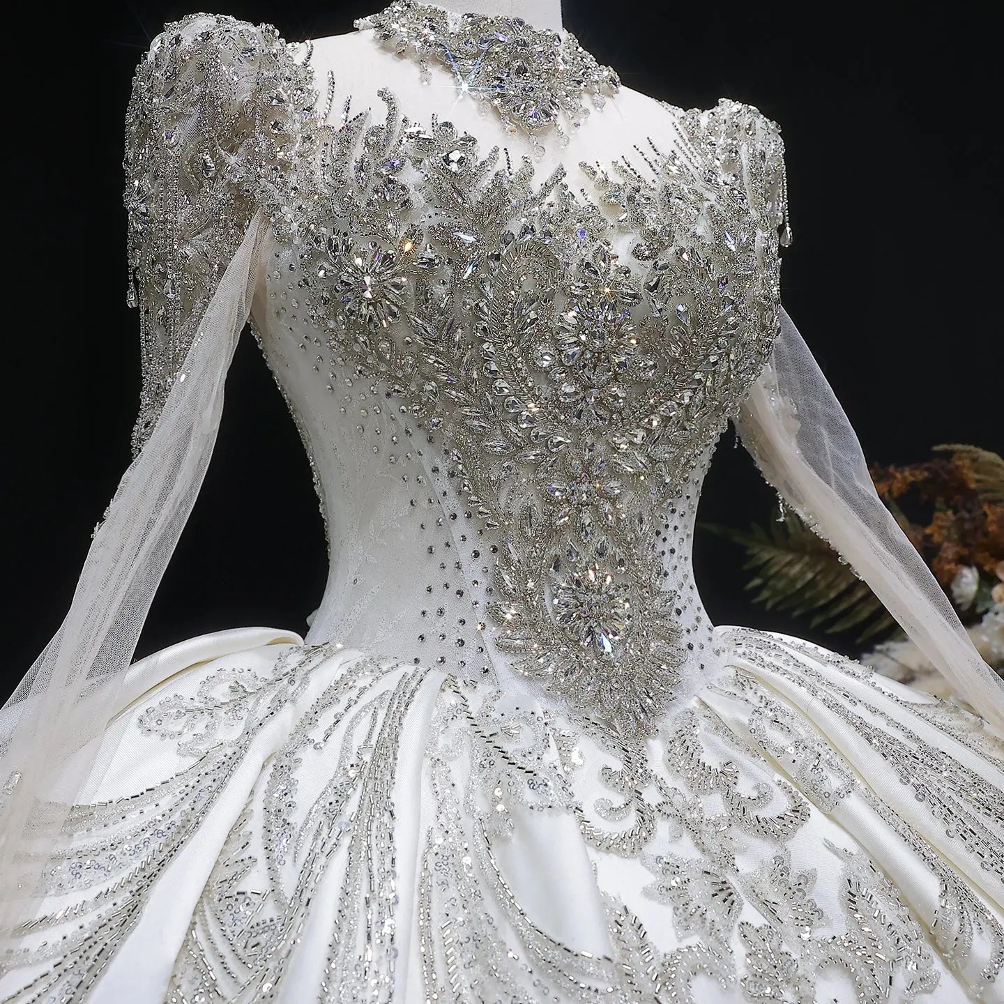Luxury Long Sleeve Ivory Wedding Dress with Crystal Embroidered Details SW602