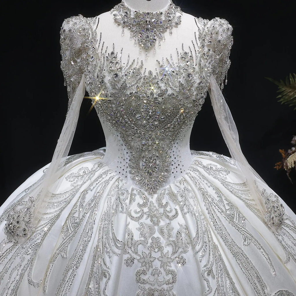 Luxury Long Sleeve Ivory Wedding Dress with Crystal Embroidered Details SW602