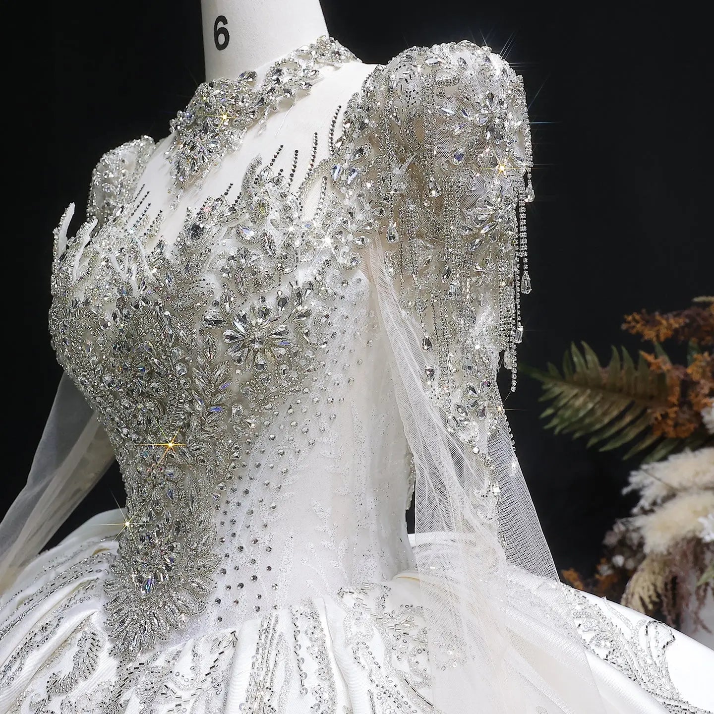 Luxury Long Sleeve Ivory Wedding Dress with Crystal Embroidered Details SW602