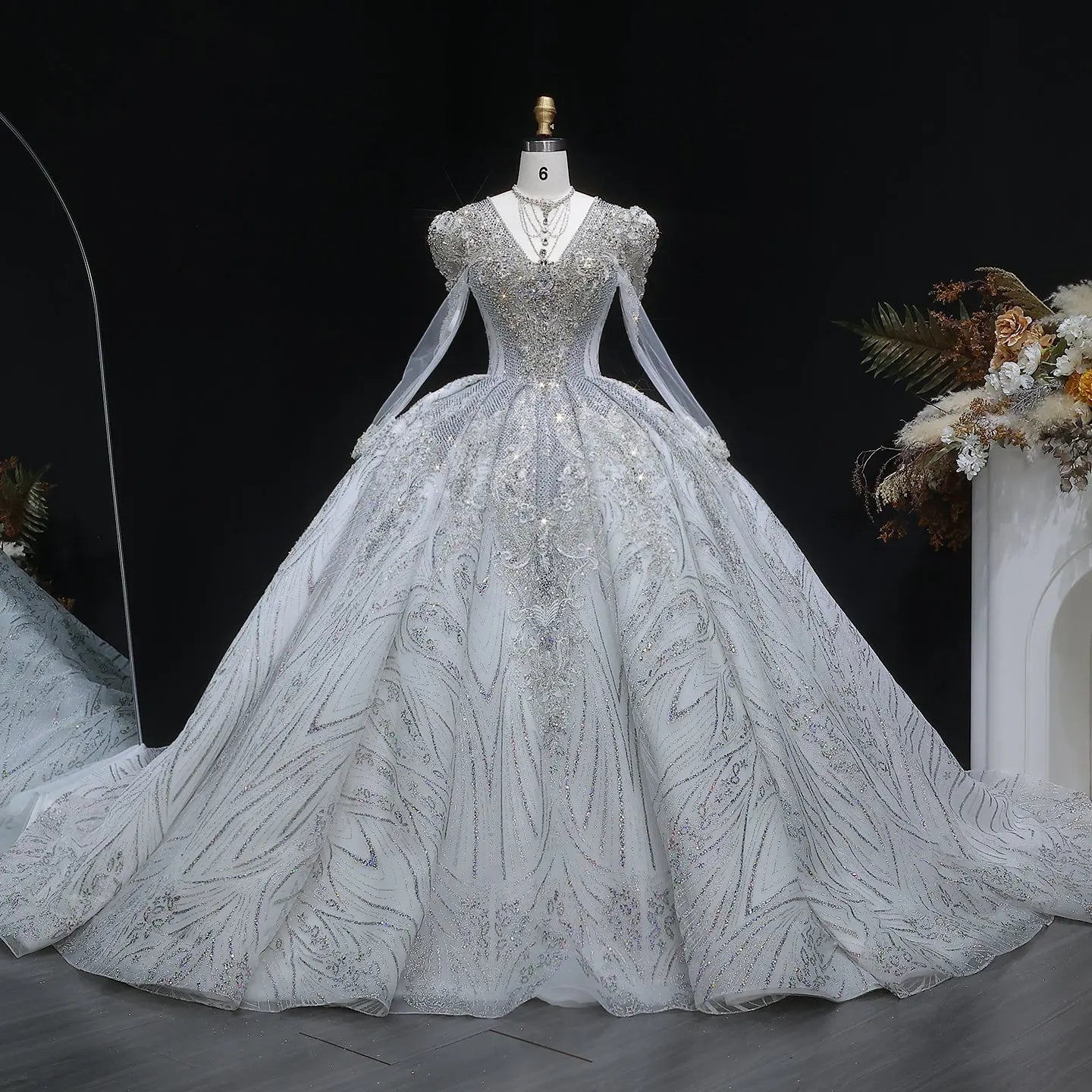 Glamorous White Diamond Embroidered Long Sleeve Wedding Dress SW603