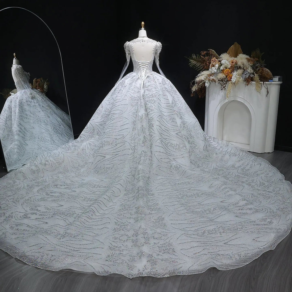 Glamorous White Diamond Embroidered Long Sleeve Wedding Dress SW603