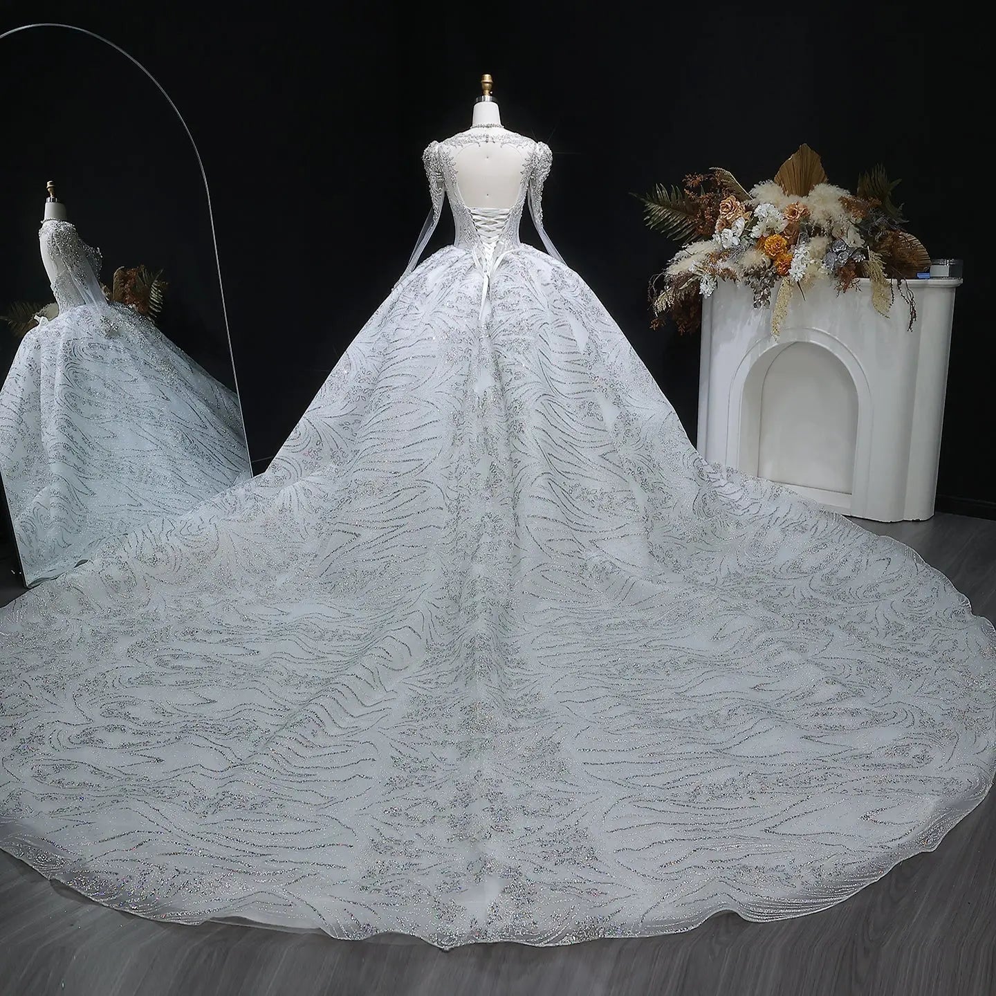 Glamorous White Diamond Embroidered Long Sleeve Wedding Dress SW603