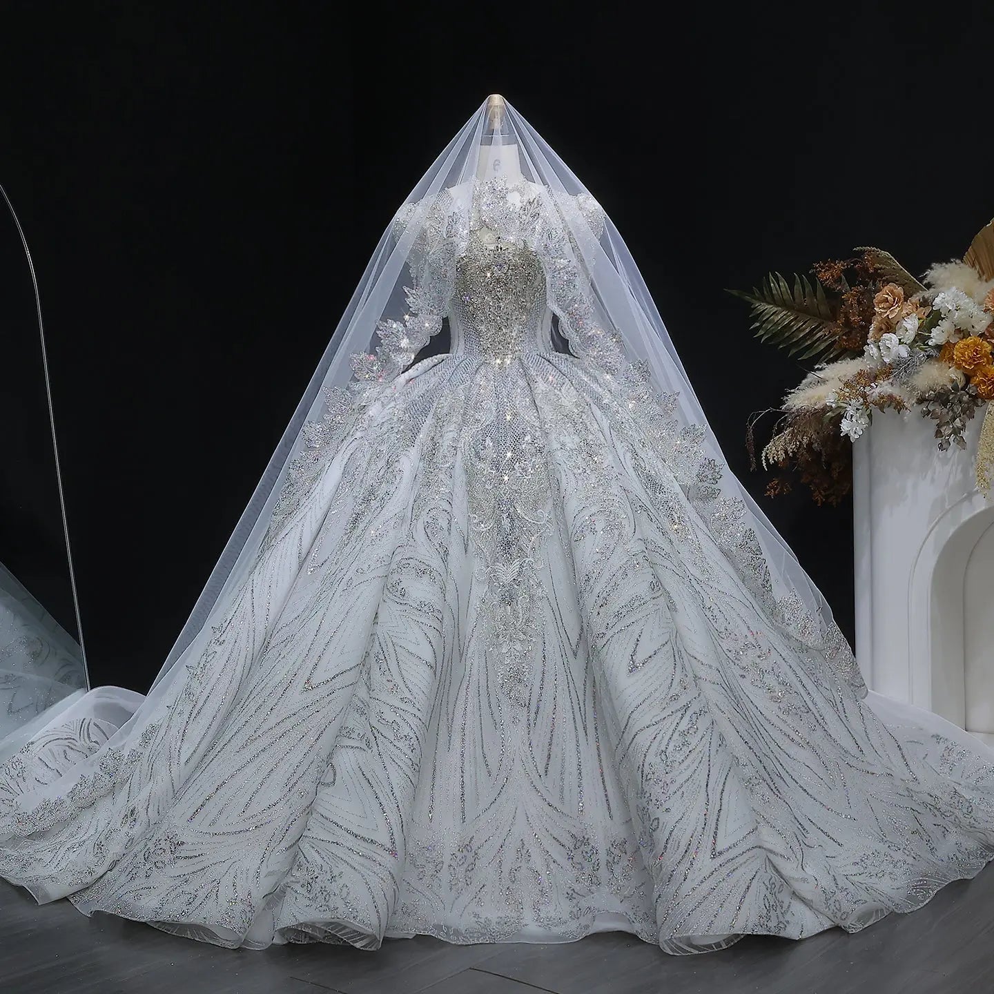 Glamorous White Diamond Embroidered Long Sleeve Wedding Dress SW603