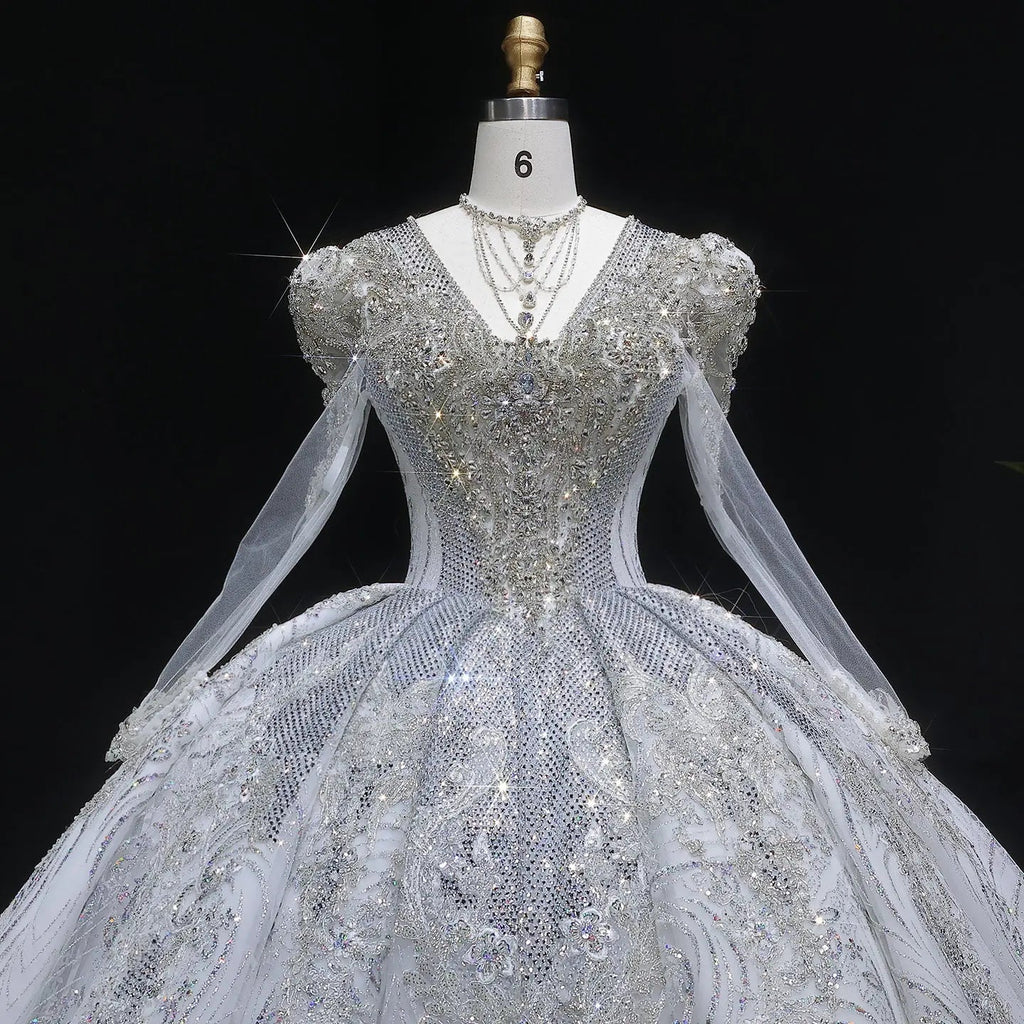 Glamorous White Diamond Embroidered Long Sleeve Wedding Dress SW603